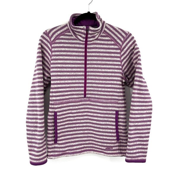 PATAGONIA Women's Purple White Striped Knit Half Zip Better Sweater Size Medium - Picture 1 of 6